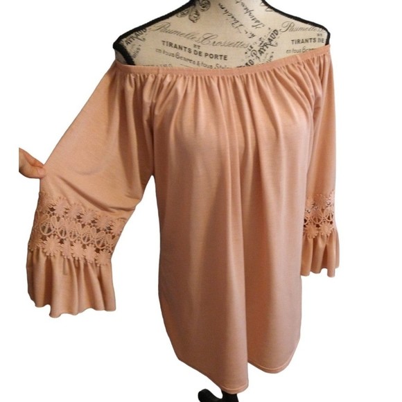 Win Win flared ruffle off shoulder tunic top Sm Peach Boho Beachy Cottagecore - Picture 1 of 12